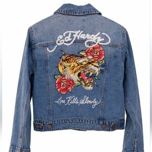 Ed Hardy Denim Jacket Womens Medium NWT Tiger Rose Graphic Love Kills Slowly Cro
